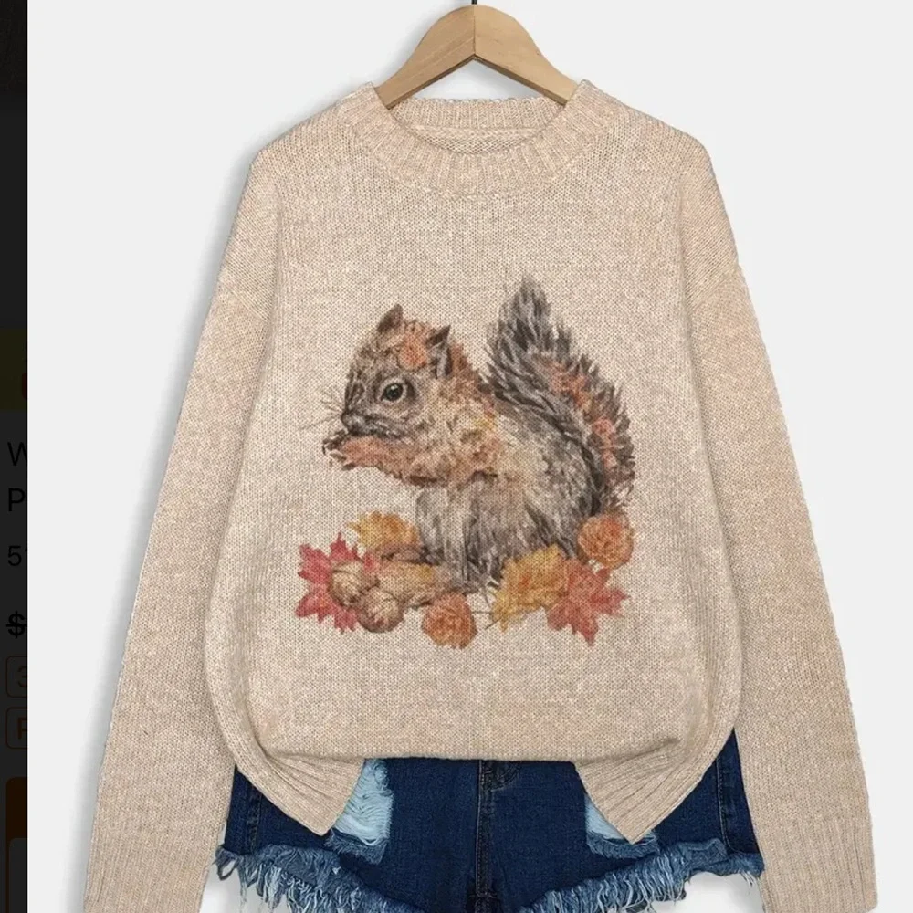 Fall Squirrel Graphic Sweater Cozy Crewneck Autumn Thanksgiving Pullover - Picture 3 of 13